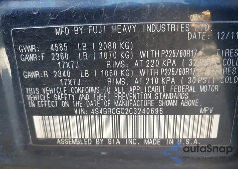 2012 Subaru Outback 2.5I Premium from USA, damaged, VIN 4S4BRCGC2C3240696